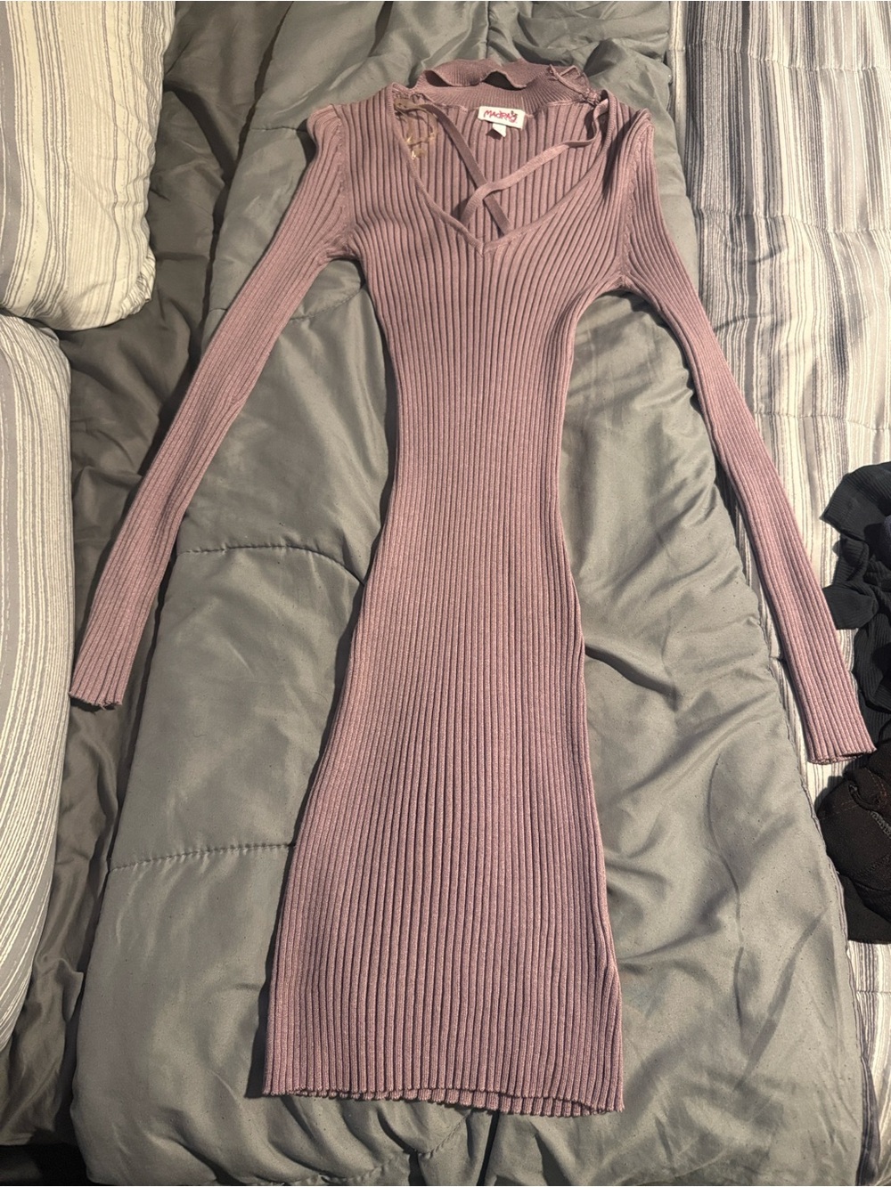 Ribbed Knit Long Sleeve Midi Dress - Mauve Pink